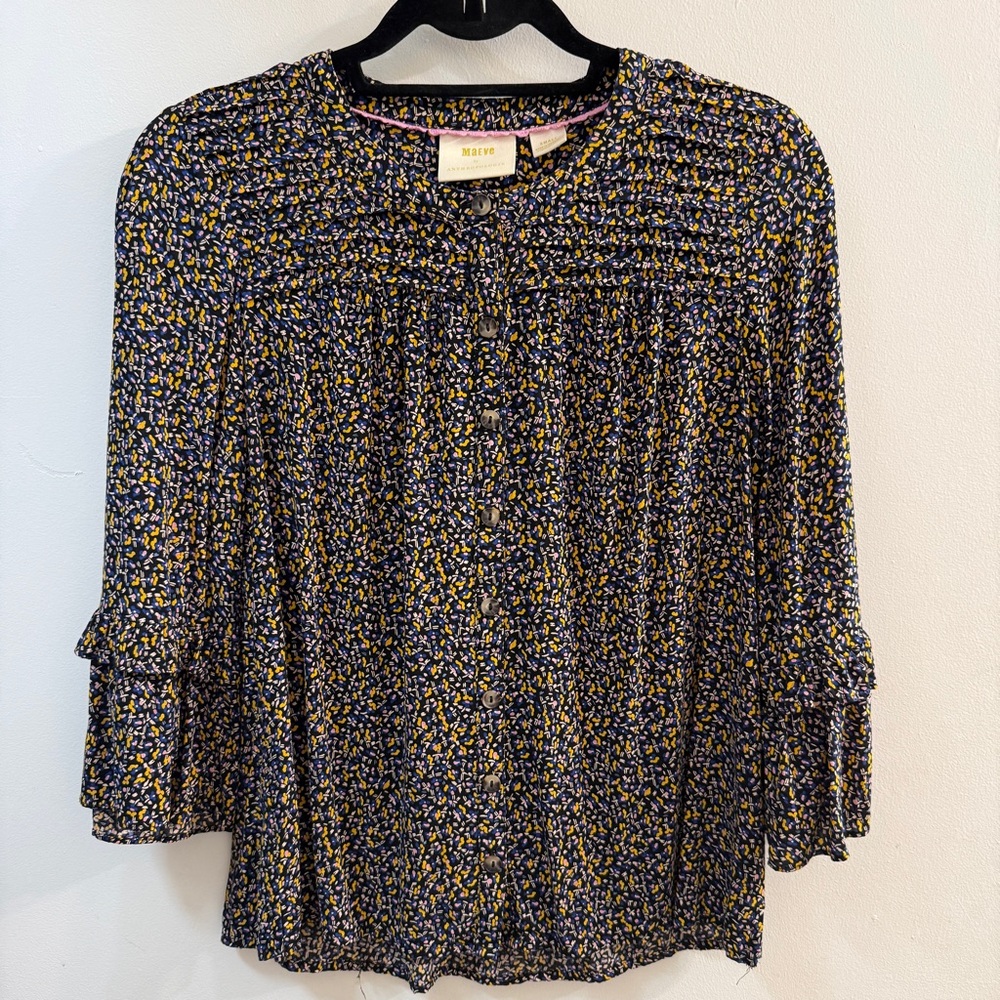 Maeve Anthropologie Floral Ruffle Sleeve Blouse S